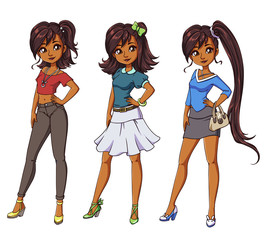 Set of three cute brunette girls with different haircuts and clothes. Hand drawn cartoon illustration. Can be used for coloring books, paper dolls, mobile games, study etc.