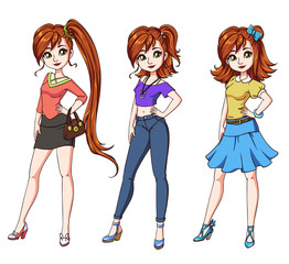 Set of three cute red haired girls with different haircuts and clothes.