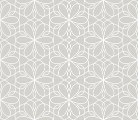 Fototapeta premium Abstract simple geometric vector seamless pattern with white line floral texture on grey background. Light gray modern wallpaper, bright tile backdrop, monochrome graphic element