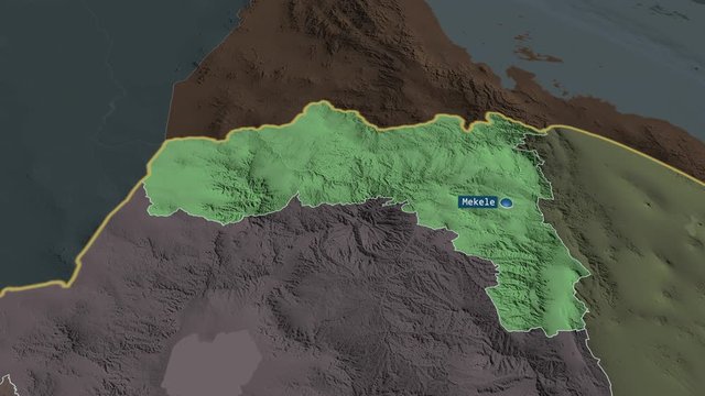 Tigray - state of Ethiopia with its capital zoomed on the administrative map of the globe. Animation 3D