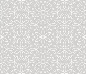 Fotobehang Bloemenprints Abstracte eenvoudige geometrische vector naadloze patroon met witte lijn bloemen textuur op grijze achtergrond. Lichtgrijs modern behang, heldere tegelachtergrond, monochroom grafisch element