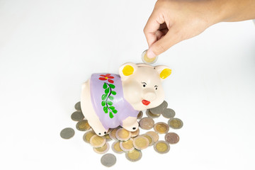 hand putting coin into Purple piggy bank saving money with coins pile