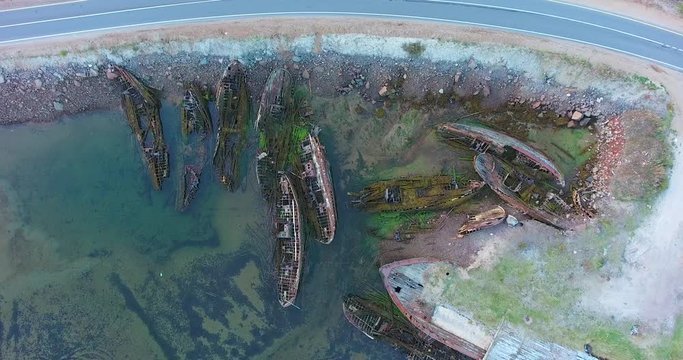 Teriberka. Graveyard of old ships. Coast of the Arctic Ocean. Murmansk region, Russia. Aerial