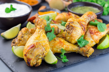 Indian chicken tandoori, marinated in greek yogurt  and spices, served with lime wedges and cilantro on a slate plate, horizontal