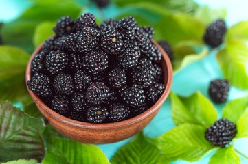 clay dish with ripe blackberries and green leaves