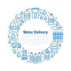 Pure water vector circle banner with flat line icons. Aqua filter, potable liquid, glass, office cooler vector illustrations. Thin signs for bottle delivery. Blue color