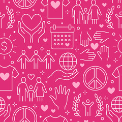 Charity vector seamless pattern with flat line icons. Donation, nonprofit organization, NGO, giving help illustrations. Pink white color background, wallpaper for donating, volunteer community poster