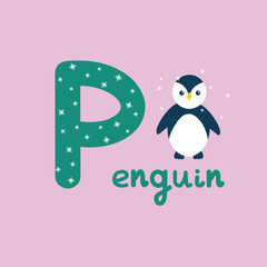 English alphabet for children education, letter P uppercase with word. Cute kids colorful ABC alphabet in cartoon style, flashcard for learning English vocabulary, raster