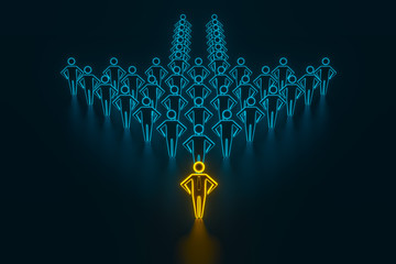 Concept leader of the business team indicates the direction of the movement towards the goal. Crowd of blue men goes for the leader of the gold color. 3D rendering