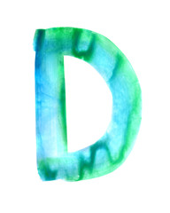 Blue and green watercolor hand drawing letter D on white background. Isolated gradient symbol of English alphabet for logo.