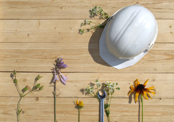 A white helmet with a wrench lie on a wooden table with hosta flowers, echinacea, daisies and bells