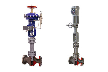 two modern shut-off valve with automatic and manual control for a gas pipeline isolated on white background