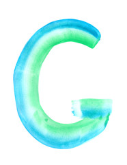 Blue and green watercolor hand drawing letter G on white background. Isolated gradient symbol of English alphabet for logo.