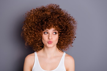 Close up photo of pretty lady look have thoughts cunning solution wear white singlet isolated over grey background