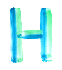 Blue and green watercolor hand drawing letter H on white background. Isolated gradient symbol of English alphabet for logo.