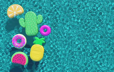 Summer swimming pool full of fun pool floats. Overhead view. 3D Rendering - obrazy, fototapety, plakaty