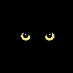Vector illustration of yellow cat eyes on a black background in complete darkness.