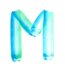 Blue and green watercolor hand drawing letter M on white background. Isolated gradient symbol of English alphabet for logo.