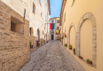 Fototapeta na wymiar Nocera Umbra (Italy) - A little charming stone medieval city on the hill, with suggestive alley and square, in province of Perugia. Here a view of historical center.