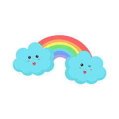 Cute clouds and rainbow drawing vector illustration isolated on white background