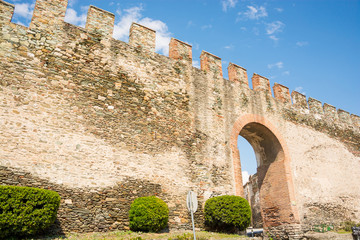 The fortress walls of the Trigonion tower in the Ano Poli in Thessaloniki, Greece.