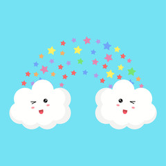 Cute clouds and stars drawing vector illustration isolated on white background