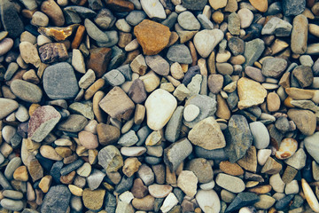 Colored river stone as a texture. Abstract background texture. Top view.