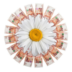Russian banknotes lie in a circle in the center with a Daisy.