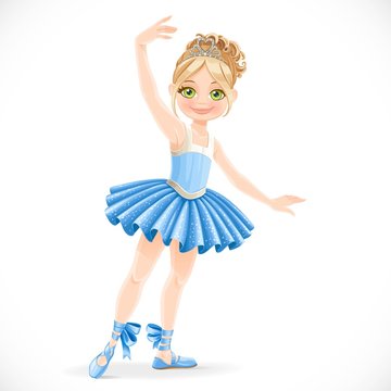 Cartoon ballerina girl in blue dress dancing on a white background