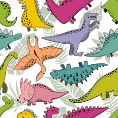 Fototapeta premium Vector seamless pattern with hand drawn dinosaurs and tropical leaves.