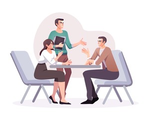 Flat style business people characters in workplace. Male and female persons in office room. Businessman and businesswoman at work place. Casual business concept illustration