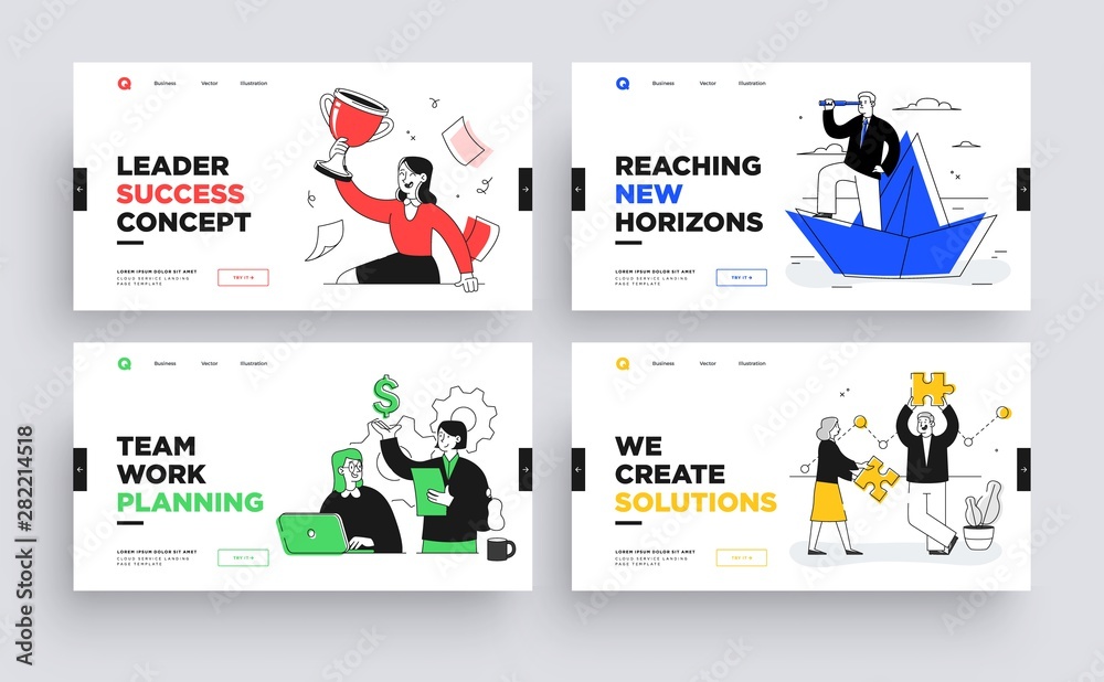 Poster set of presentation slide templates or landing page websites design. business concept illustrations.