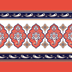 Indian paisley pattern vector seamless border. Arabesque floral background design. Ethnic vintage flower motif. Gypsy bohemian batik print for women scarf, wallpaper, blanket fabric.