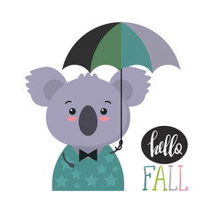 Vector illustration of cute colorful koala with umbrella.