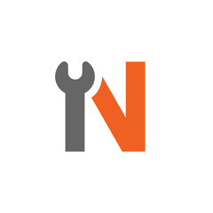 Letter N Wrench Logo, Orange and Grey Vector Illustration