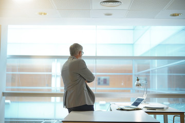 Mature businessman looking out large window in office