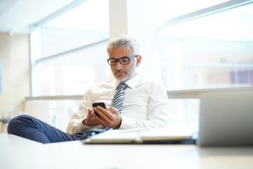 Relaxed businessman in shirt and tie working on cellphone in office