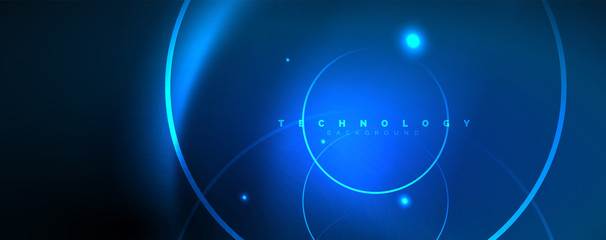 Trendy neon blue abstract design with waves and circles. Neon light glowing effect. Abstract digital background.