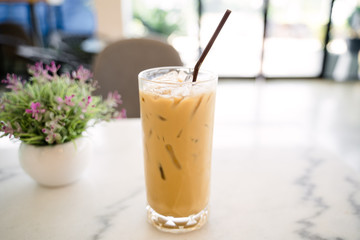 Closeup a glass of iced coffee