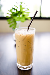 Closeup a glass of iced coffee