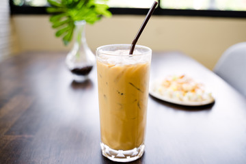 Closeup a glass of iced coffee
