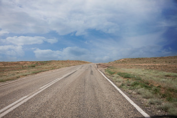 Steppe panorama of a desert landscape summer day. An asphalt road with markings goes forward to the horizon. Traveling among the sands and shrubs. Background image. Dull sky with clouds.