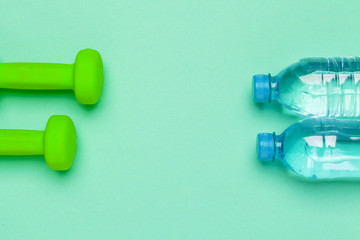 concept preparing to fitness sports equipment top view