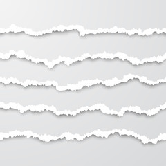 Set of horizontal seamless torn white paper wisps with soft shadow. Damaged cardboard borders. Vector illustration