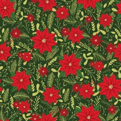 Deurstickers Poinsettia and winter foliage seamless floral pattern print. Vector. © KaliaZen