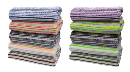 Stack of terry towels. Different colors. Isolated image on white background. Set. 