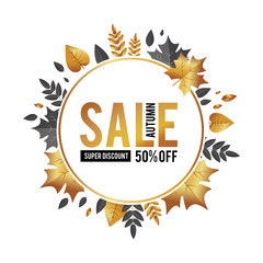 Autumn Sale. Luxurious advertising banner with golden season falling leaves.