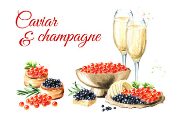 Caviar and champagne card. Watercolor hand drawn illustration, isolated on white background