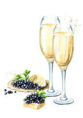 Festive food. Black caviar and glass of champagne. Watercolor hand drawn illustration isolated on white background