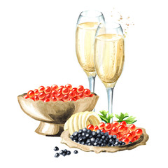 Festive food. Caviar and glass of champagne. Watercolor hand drawn illustration isolated on white background